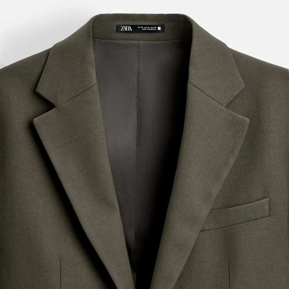 New Zara Textured Single Breasted Lapel Collar Moss Green Suit Blazer 38 NWOT